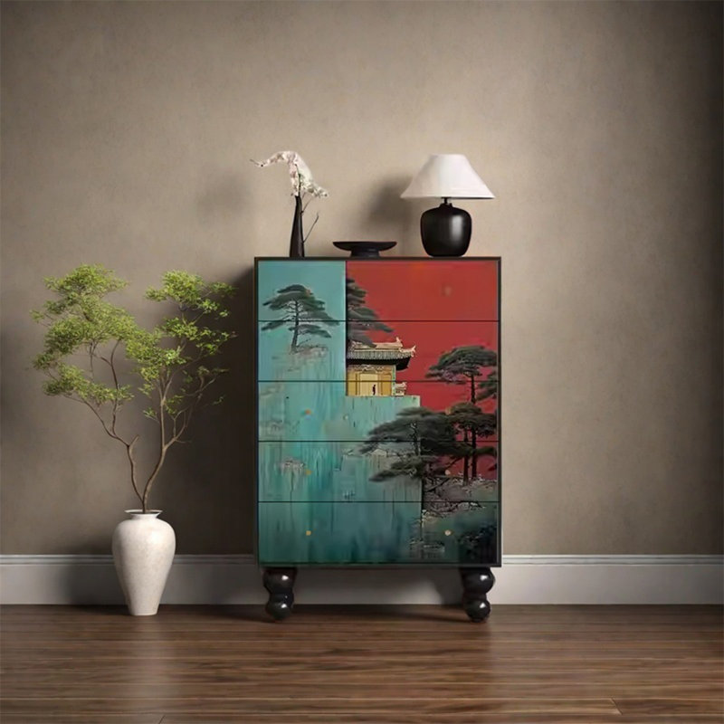 Walnut Storage Cabinet with 5 Solid Wood Drawers