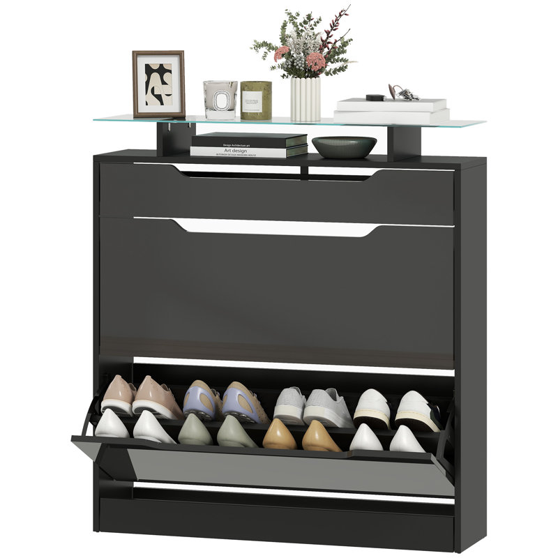 Armoire à chaussures haute brillance avec 2 tiroirs rabattables et plateau en verre, noir