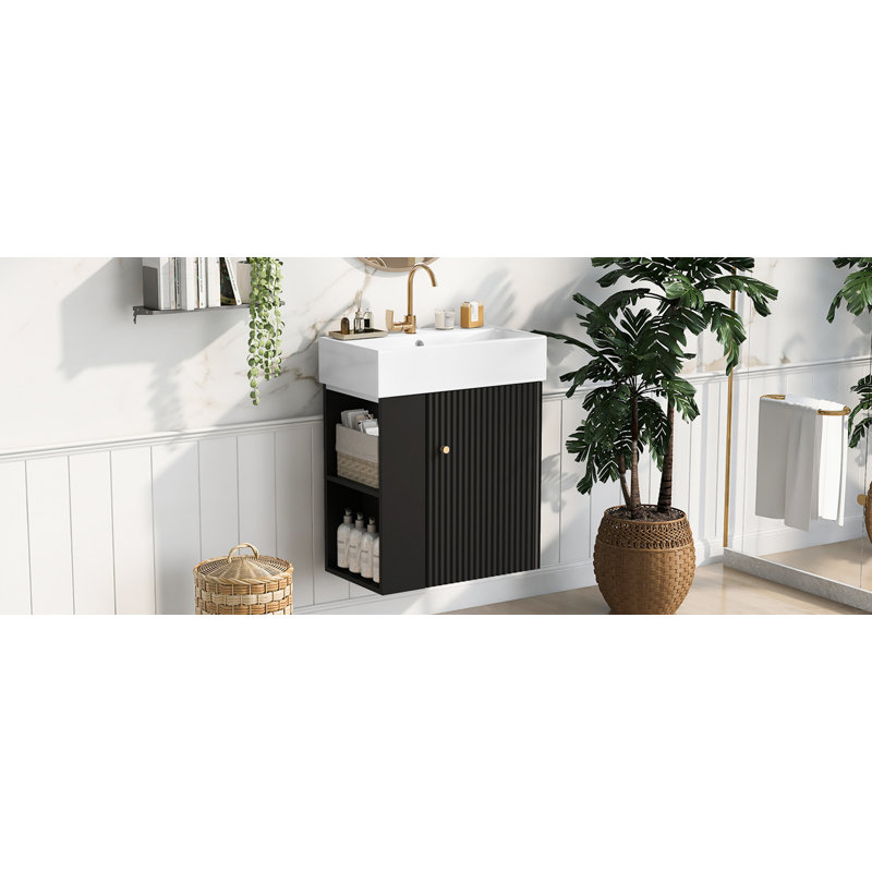 21.6Inch Floating Bathroom Vanity With Ceramic Basin, Black