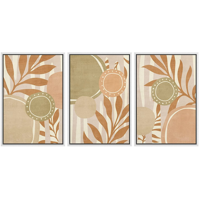 «Mid Century Shape Ring Circle Palm Leaf», ensemble de 3 impressions sur toile, H 24 po x l 48 po x P 1,5 po, Blanc