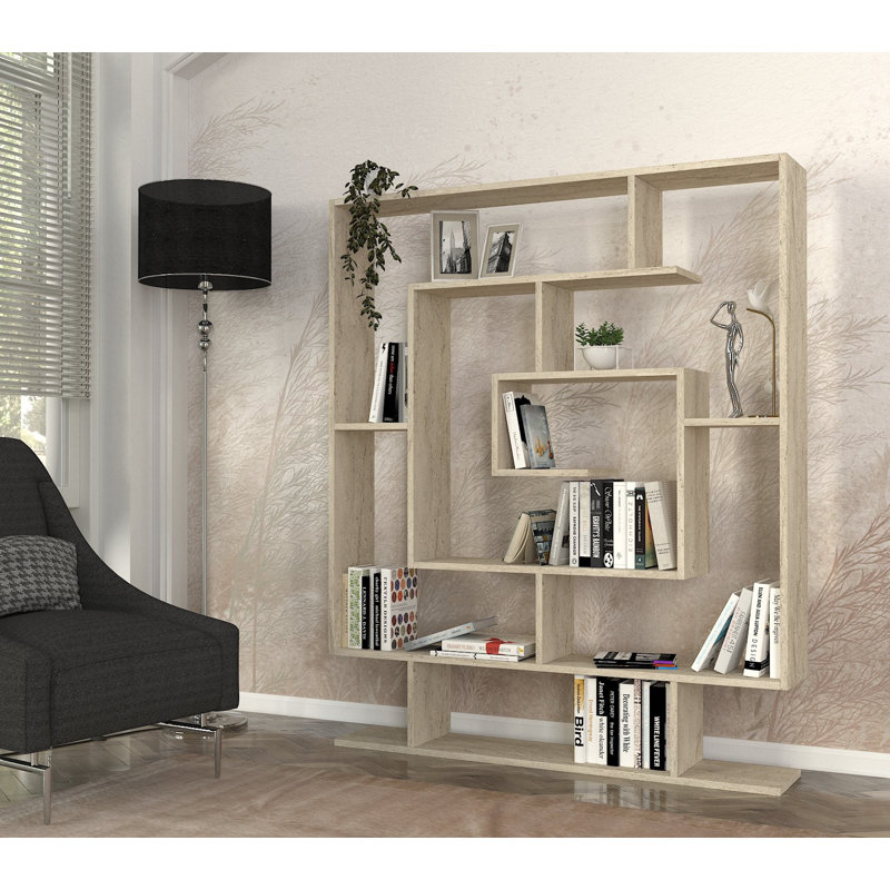 Bibliothèque moderne en couleur travertin, 49,2 x 58,8 x 8,7 pouces | 100% panneau de particules enduit de mélamine, épaisseur: 0,7 pouce | Fixation murale avec de nombreuses tablettes pour un rangement et une organisation élégants