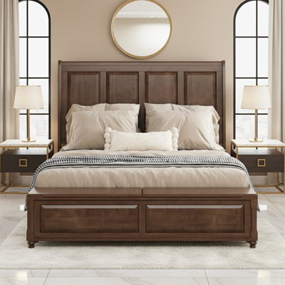 Structure de lit avec tête de lit haute et banc de rangement, lit-bateau en bois massif avec coffre de rangement de 64 po, aucun sommier nécessaire