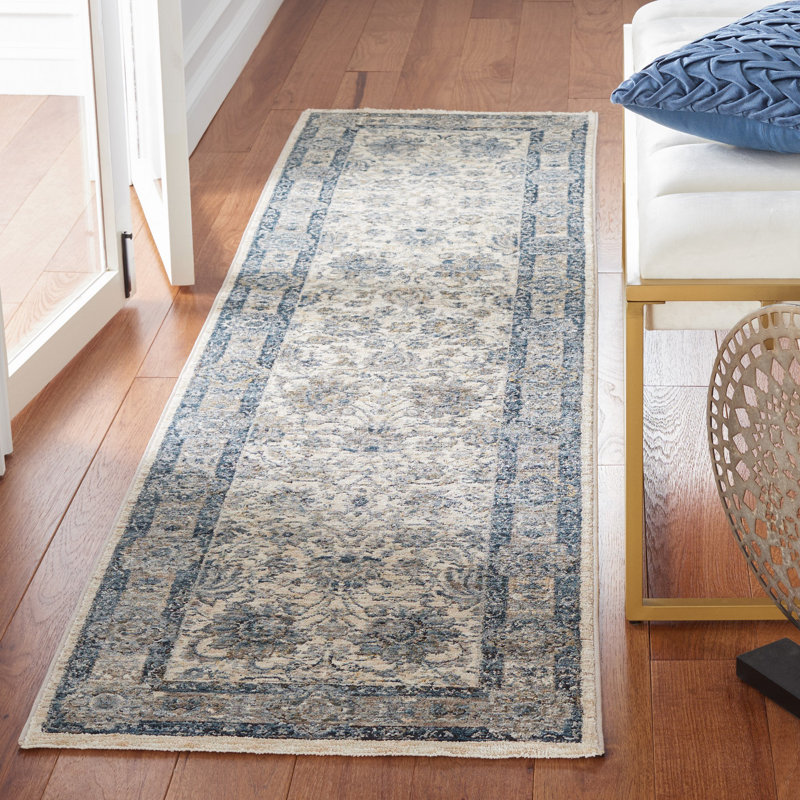 Ivory and Blue Hand-Knotted Square Synthetic Area Rug
