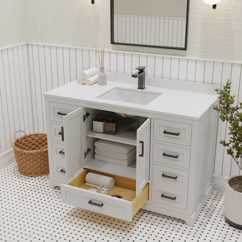 Ensemble de meuble-lavabo 48 po avec comptoir en quartz Ayna Decors Maya | Lavabo en céramique | 2 portes à fermeture douce | 7 tiroirs pleine extension à fermeture en douceur
