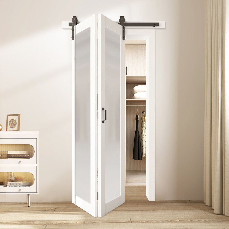 Portes de grange pliantes en verre givré blanc 1-Lite avec trousse de quincaillerie d'installation, 40 po x 84 po