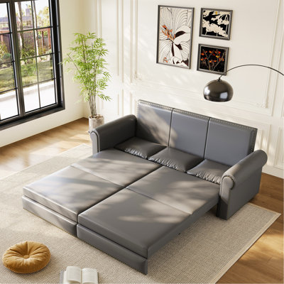Chesterfield Sofa,93.7" King Pull Out Sofa Bed, 3-In-1 Faux Leather Convertible Sleeper Sofa With Nailhead Trim & Rolled Arm,Multi-Functional Sofa Bed,Dark Brown