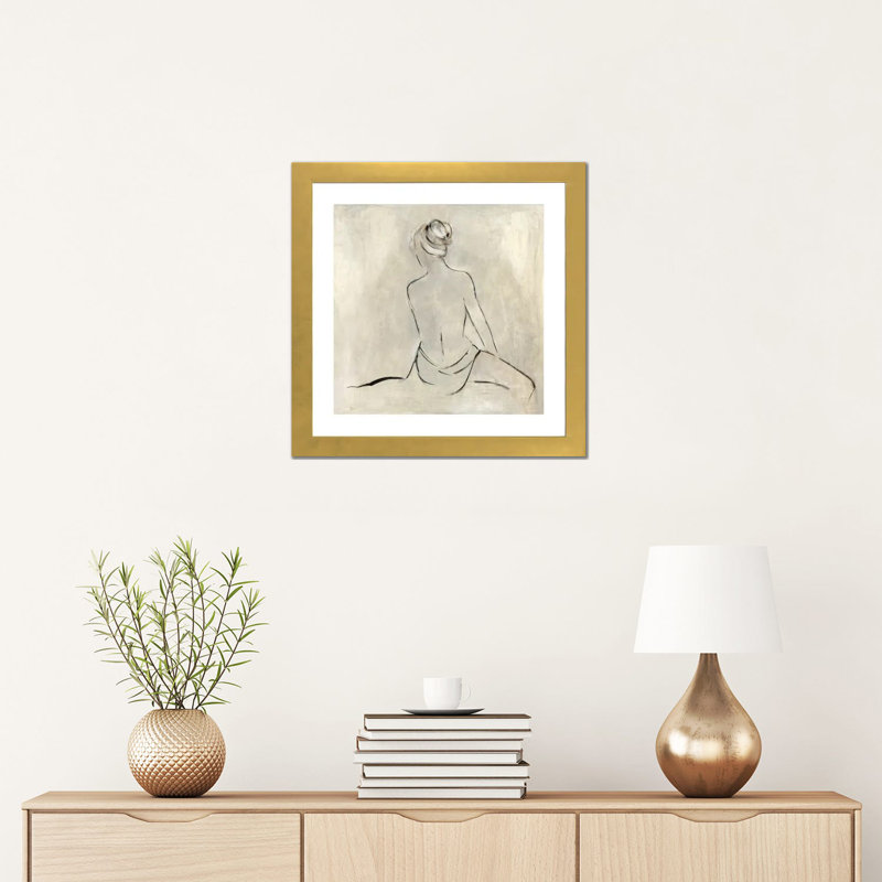 «Bather II» par Sally Swatland - impression d'art graphique, Blanc, Papier encadré doré, H 16 po x l 16 po x p 1 po