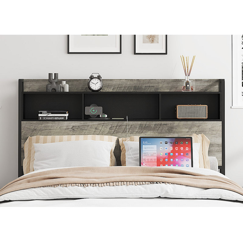 Structure de lit, structure de lit plateforme en bois, avec rangement et 2 tablettes, pas de bruit, pas besoin de sommiers, outils faciles à assembler, grand espace de rangement sous le lit, antique