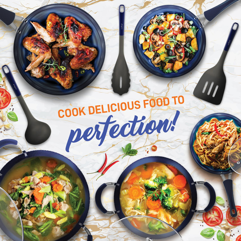 11 - Piece Non-Stick Aluminum Cookware Set, Bleu foncé