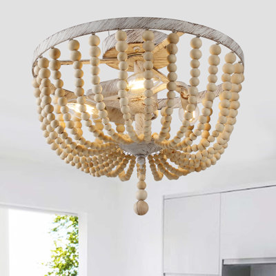 3-Light 13.58'' French Country Wood Bead Flush Mount Lamp