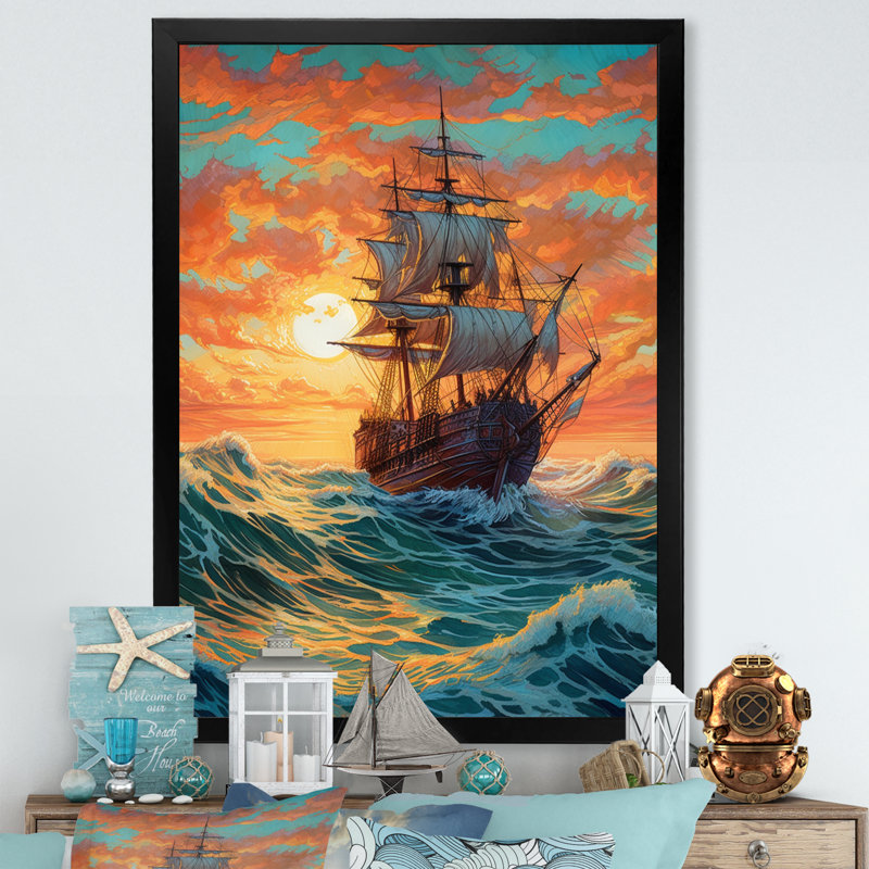 «Brown Ship On The Seas I», reproduction d'art sur toile, H 32 po x l 16 po x P 1 po, Cadre photo noir