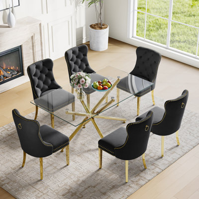 7-Piece Modern Dining Set – Rectangular Glass Table With Mirrored Metal Base & 6 Velvet Upholstered Chairs