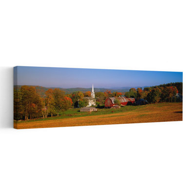 Church And A Barn In A Field Peacham Vermont USA by Miles Ertman - Wrapped Canvas Panoramic Print