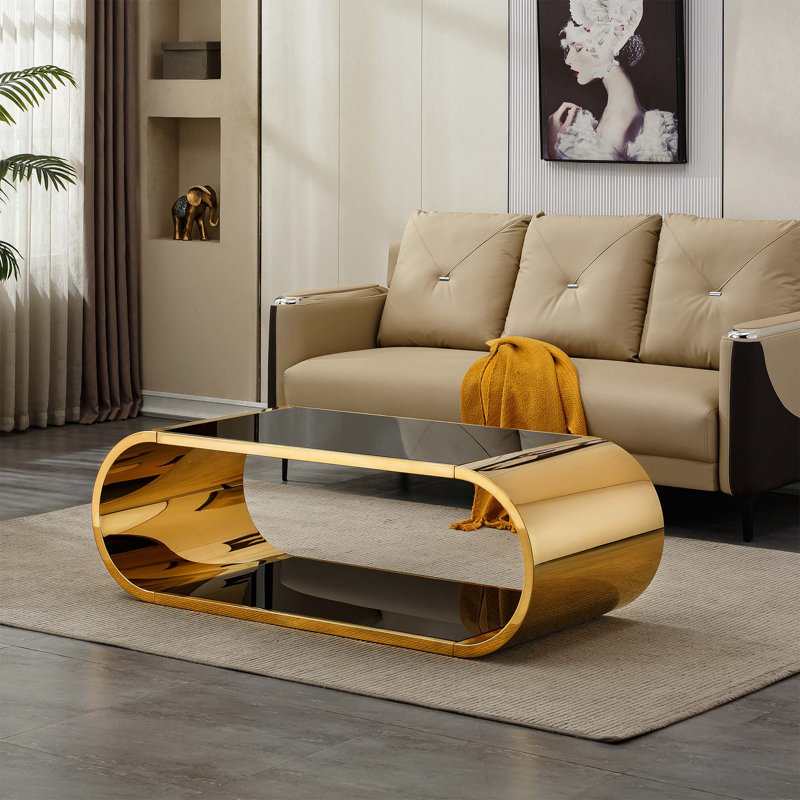57" Stainless With Glass Coffee Table, Modern Coffee Table For Living Room, 2-Tier Glass Top With Large Space Fashion Design