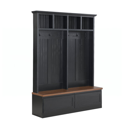Farmhouse 4-in-1 Hall Tree with Wood Grain Bench, Mudroom Versatile Coat Rack with 2 Large Drawer, Entrance Organizer for Hallway, Living Room, Black, 55.9"W