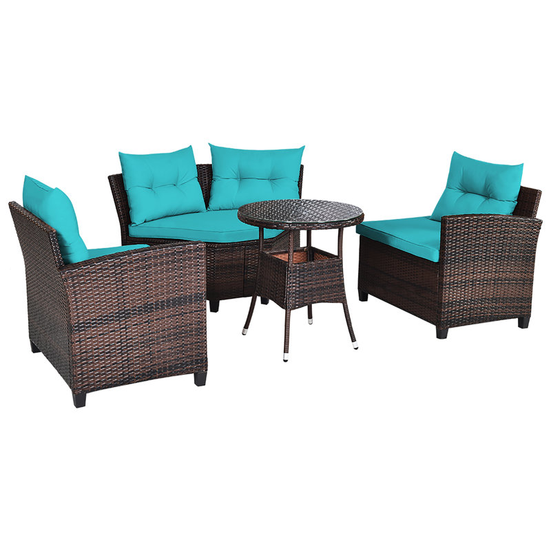 Ensemble de conversation avec canapé en rotin 4 pièces Cilegon, Turquoise