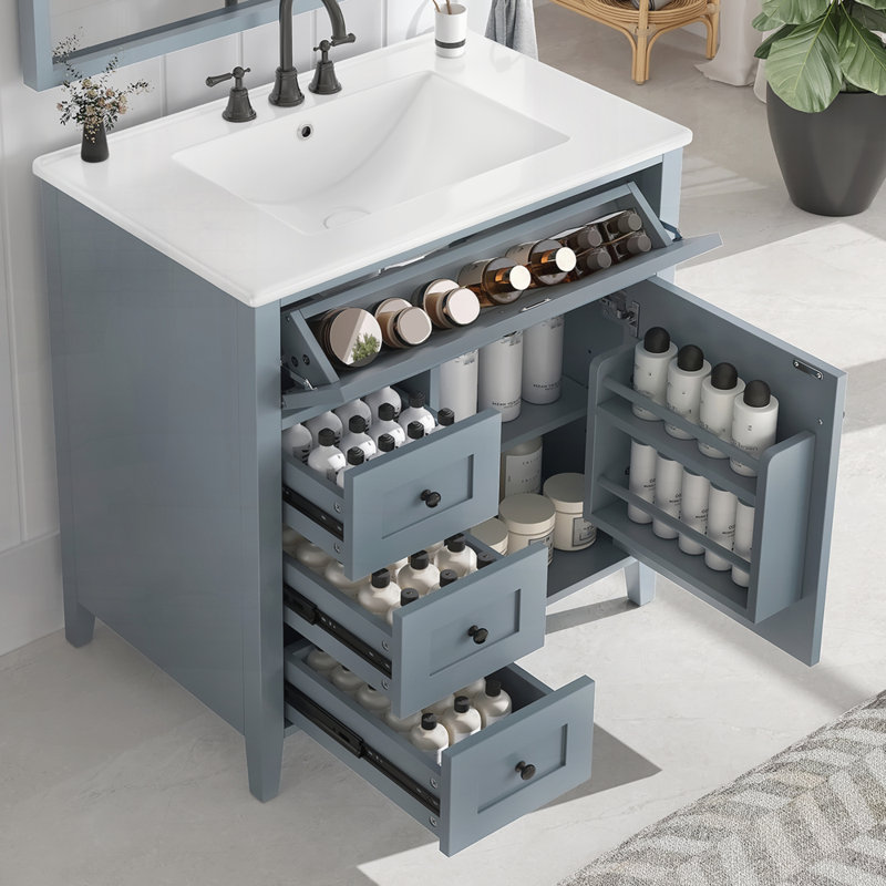 Meuble-lavabo 30 po avec lavabo, meuble-lavabo autoportant pour le rangement et l'organisation de la salle de bain, Blue Grey