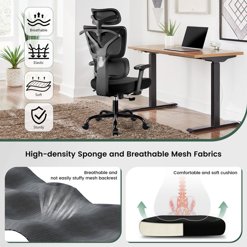 Baram Home Office Ergonomic Mesh Task Chair with Headrest and Footrest, Black, Black