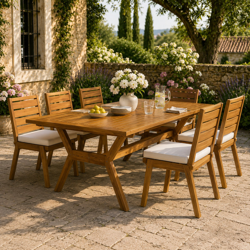 Ensemble de salle à manger d'extérieur en bois d'acacia avec coussins 7 pièces Solviera