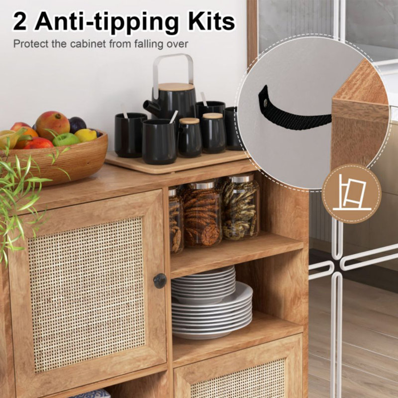 Natural Wood Mid-Century Modern Rattan Door Sideboard