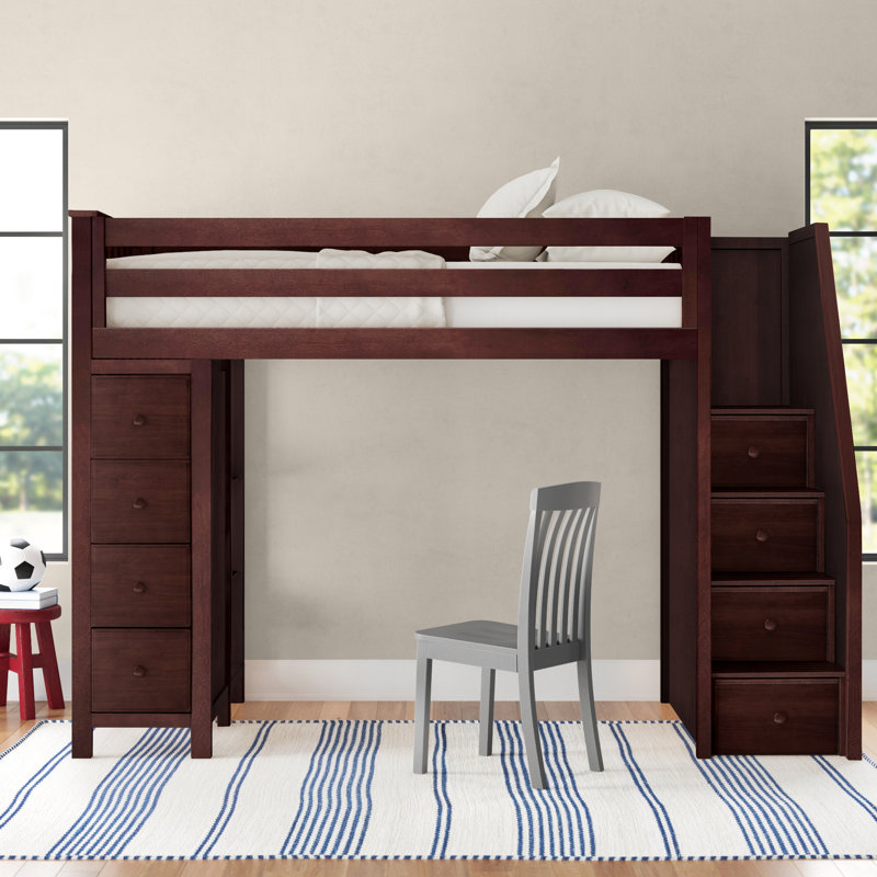 Brodie Kids 8 Drawer Solid Wood Loft Bed with Shelves, Gray, Twin