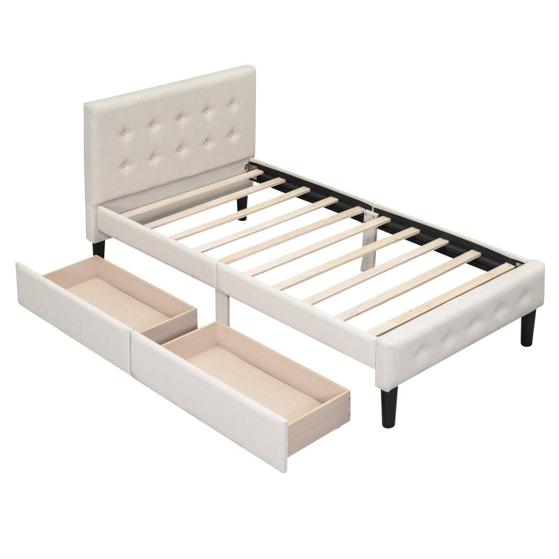 Lit simple tapissier beige avec 2 tiroirs - Strong & Style Design