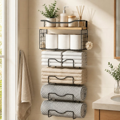 Bathroom Wall Storage Rack, 4-Tier Wall Mounted Organizer with Wood Top Shelf and Metal Frame, Space Saving Towel & Toilet Paper Holder, 22" H x 13" W