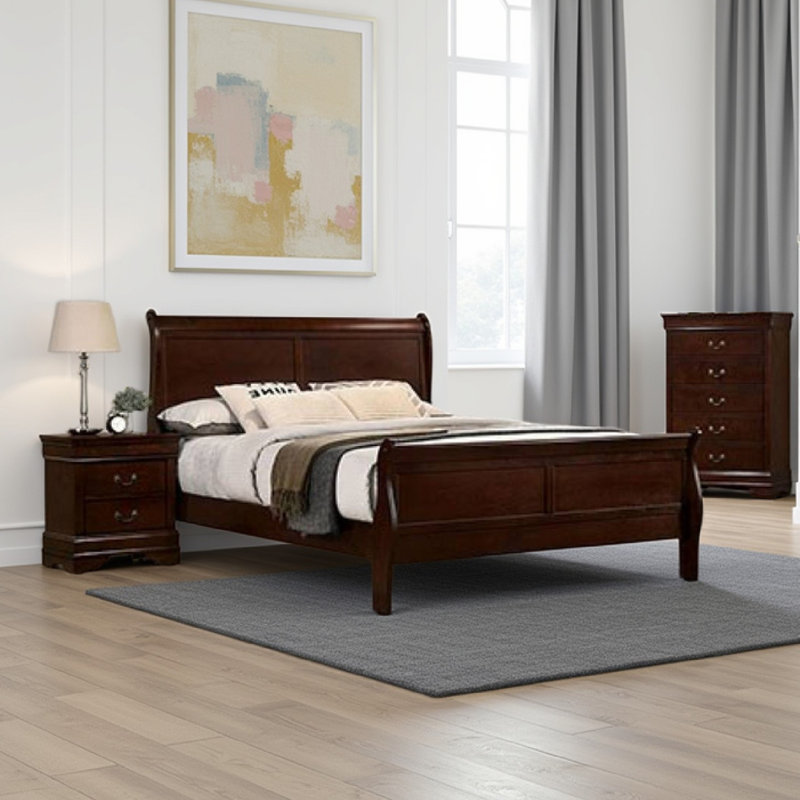 Ensemble de chambre à coucher pleine grandeur 3 pièces Poy, poignées suspendues en métal, bois brun cerise