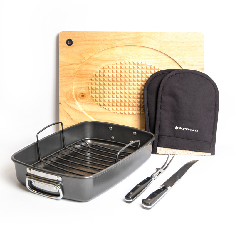 5pc Roasting Set, Roasting Tin & Rack, Carving Fork & Knife, Carving Board, Oven Glove