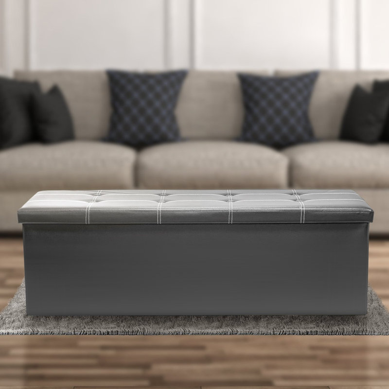 Sorbus 43" Wide Faux Leather Tufted Rectangle Standard Ottoman with Storage, Gray Faux Leather
