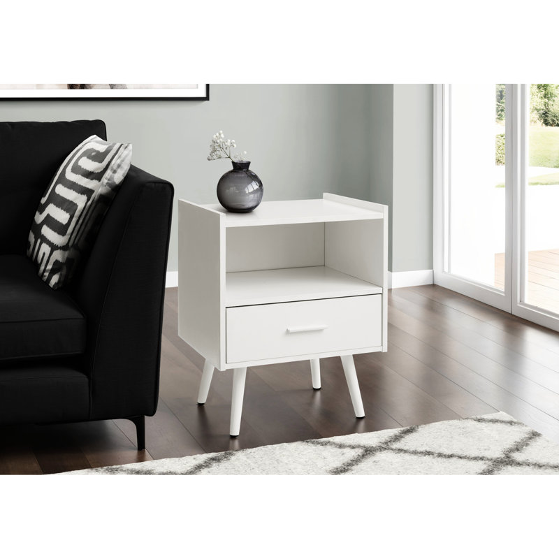 Table d'appoint en stratifié blanc, 61 cm de hauteur, style moderne, avec tiroir de rangement et ouverture pour une utilisation en bout de table dans une chambre ou un salon.