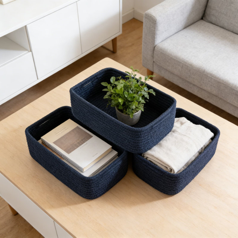 Small Woven Storage Basket Set Of 3, Handwoven Natural Cotton Rope Organizer Bins With Handles For Shelves, Closet, Nursery, And Home Decor