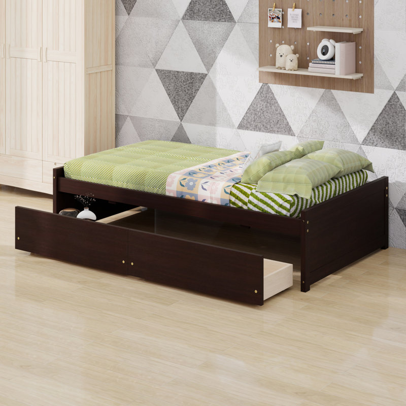 Solid Rubber Wood Bed With 2 Drawers For Storage, Espresso
