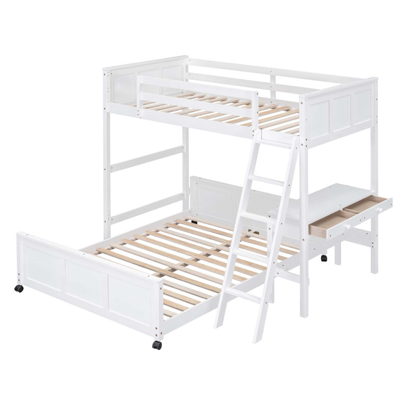 Lit superposé simple au-dessus d'un lit double fonctionnel avec bureau intégré et rangement, parfait pour économiser de l'espace et une vie confortable