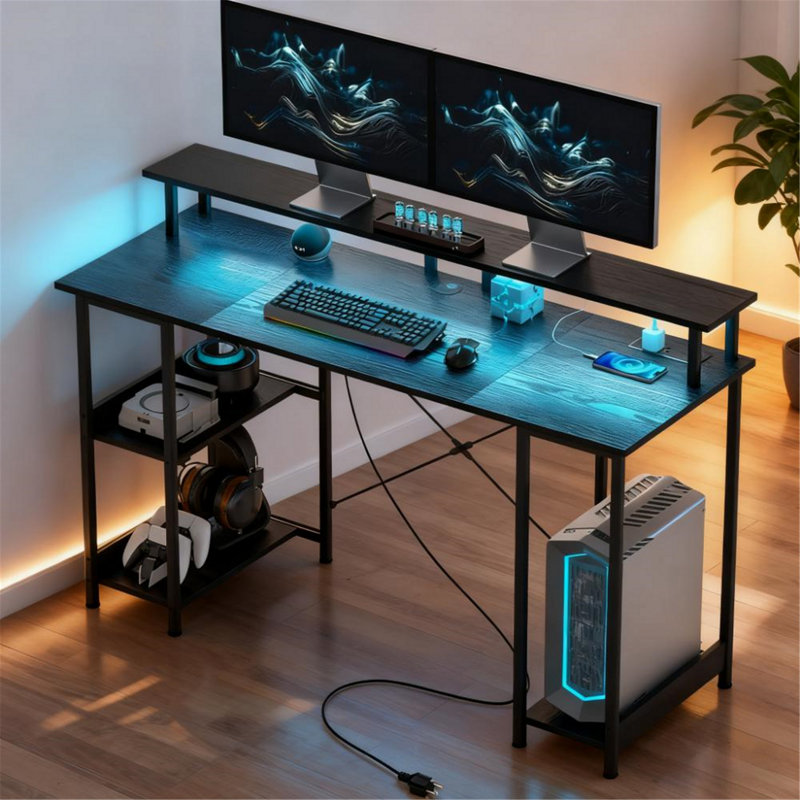Bureau d'ordinateur avec rangement, prises de courant et lumières DEL, Noir patiné