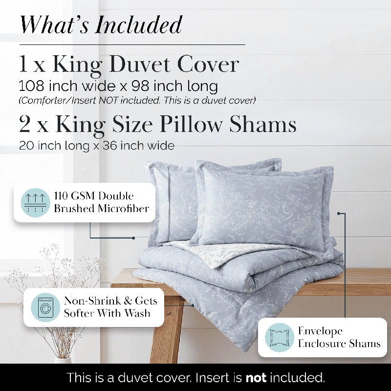 Literie réversible 3 pièces Southshore Fine Linens Winter Brush Blue King/California King, comprenant 1 housse de couette et 2 taies d'oreiller King, en microfibre 110 g/m²