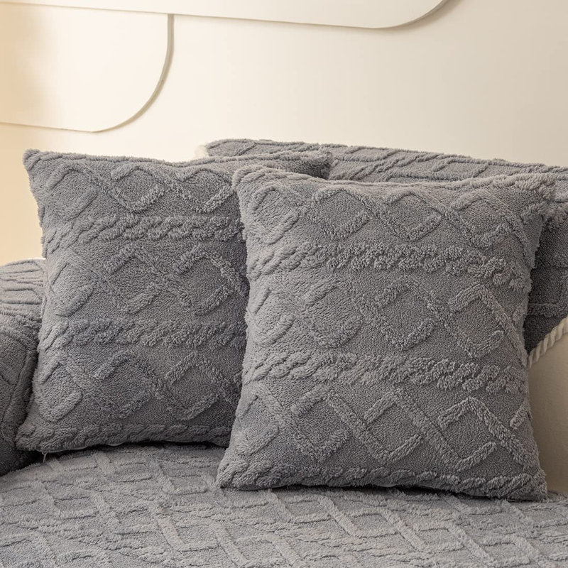 (Couvertures avec insertions) Ensemble de 2 coussins décoratifs à motif géométrique surélevé avec insertions de taille 18 po x 18 po gris