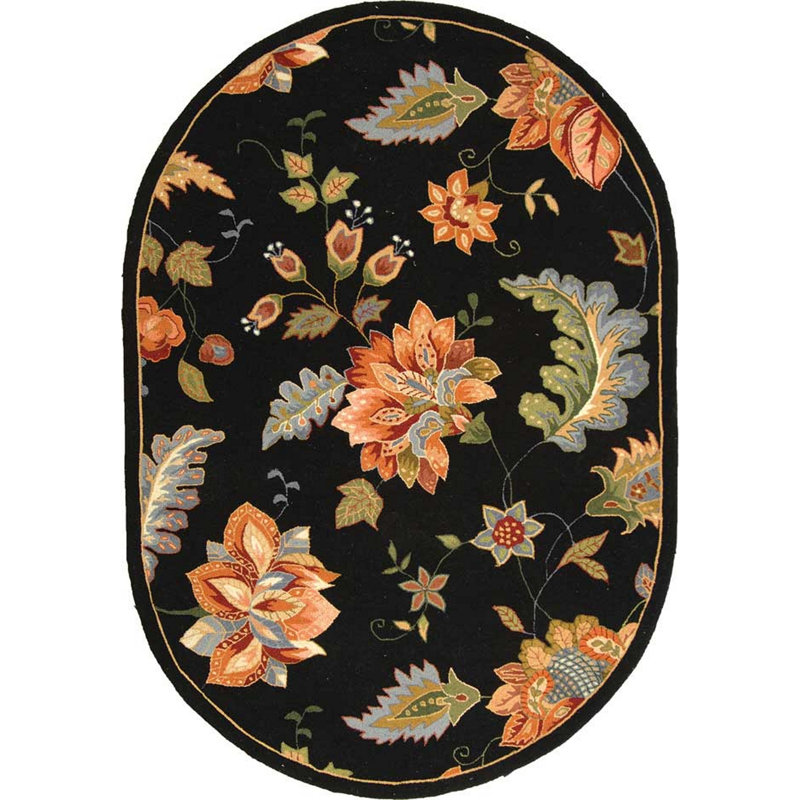 Hollander Floral Hand Hooked Wool Black Area Rug, Oval 4'6" x 6'6"