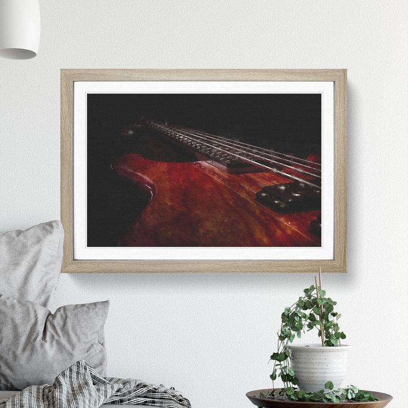 Cherry Red Bass Guitar - Picture Frame Graphic Art, 27cm H x 36cm W x 2cm D, Oak Framed