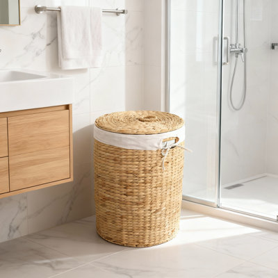 Abercromby Abercromby Water Hyacinth Round Laundry Hamper, Brown – Woven Clothes Basket with Removable Liner and Lid for Bedroom, Bathroom, or Nursery Laundry