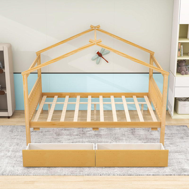 Lit double en bois 2 tiroirs avec pieds centraux et toit, Naturel