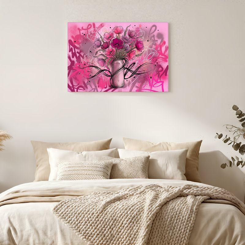 «Pink Poppies in Silver Can Graffiti», art mural sur toile, H 32 po x l 48 po