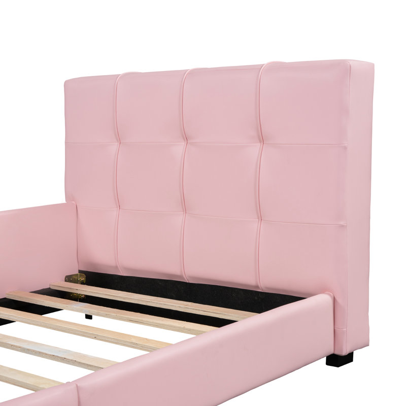 Lit plateforme tapissier simple rose avec garde-corps - look moderne, tête de lit stylée remplie de mousse