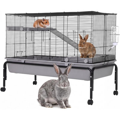 Small Animal Cage 40'' L Bunny Hutch with Detachable Stand, Ramp & Platform, Removable Tray, Indoor Pet Cage for Chinchilla, Rabbit, Guinea Pigs, Hedgehog & Gerbil