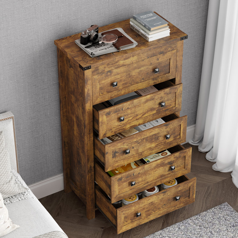 Lasharon 15.75"W Narrow 5-Drawer Dresser w/Slide Rails & Anti-Tip, Space-Saving Bedroom Storage, Brown/Black