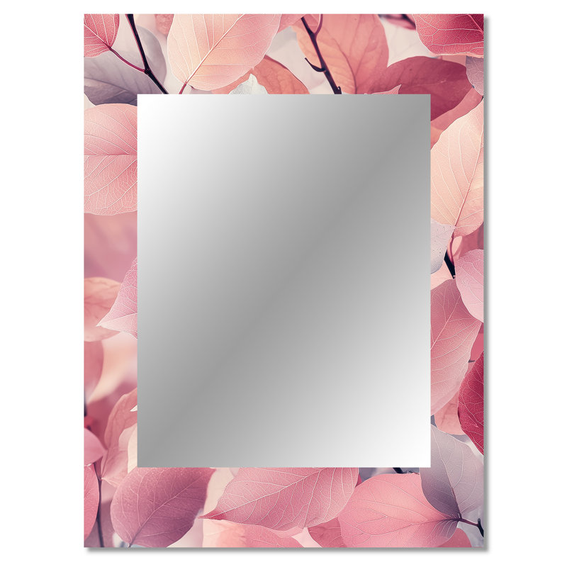 Rose, ombres parmi les feuilles I - miroir à feuilles, miroir mural traditionnel unique, impression sur métal, 40 po x 30 po