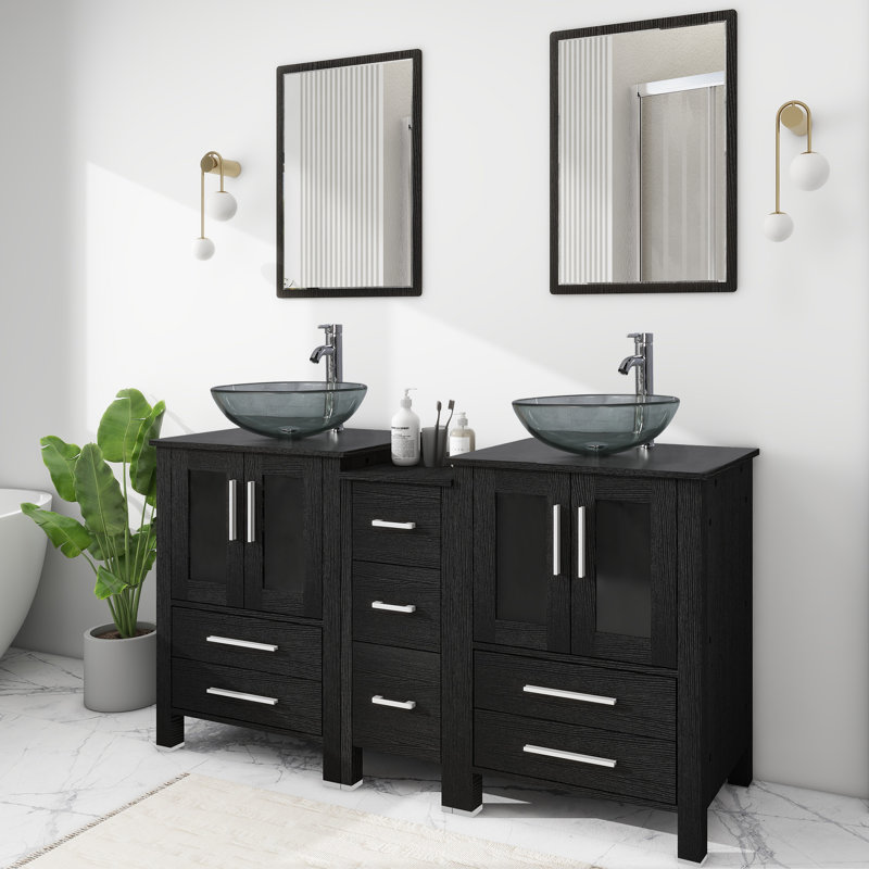 Aidey 72’’ Double Bathroom Vanity Set with Vessel Sink, Manufactured Wood Top, Faucet, Drain, Black, Black