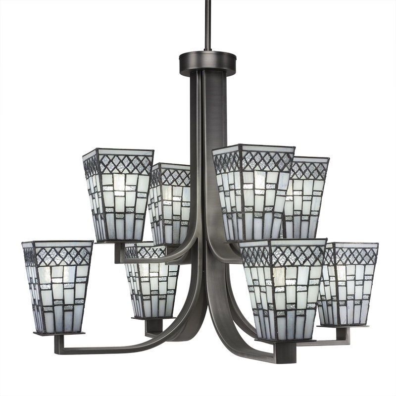 Eurig 8 Light Uplight Chandelier Shown In Graphite Finish With 5" Square Pewter Art Glass