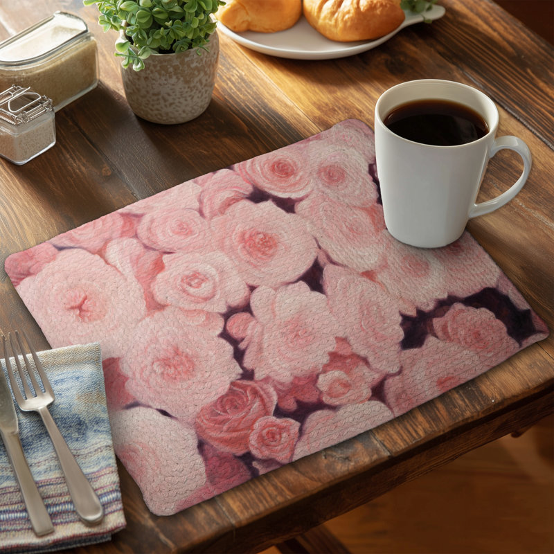 Napperons en polyester tressé à motif de fleurs roses | Ensemble de 4