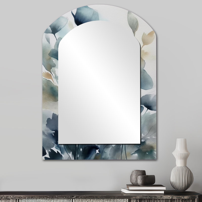 Miroir mural arqué sur métal Blue Leaf Foliage And Flowers III, 34 po x 25 po